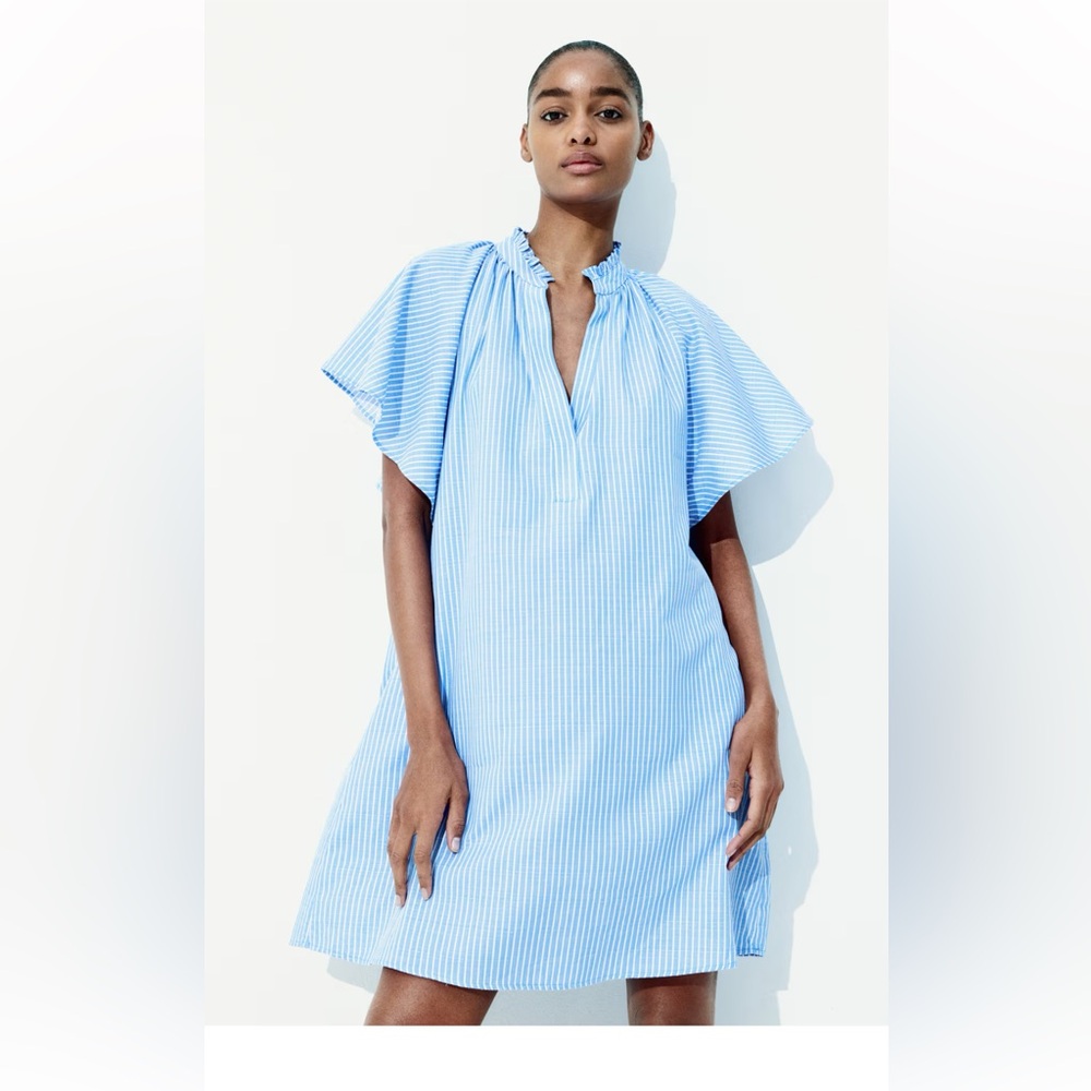 H&M Cotton Muslin A-Line Boho Tunic Dress Ruffle Collar Butterfly Sleeve
